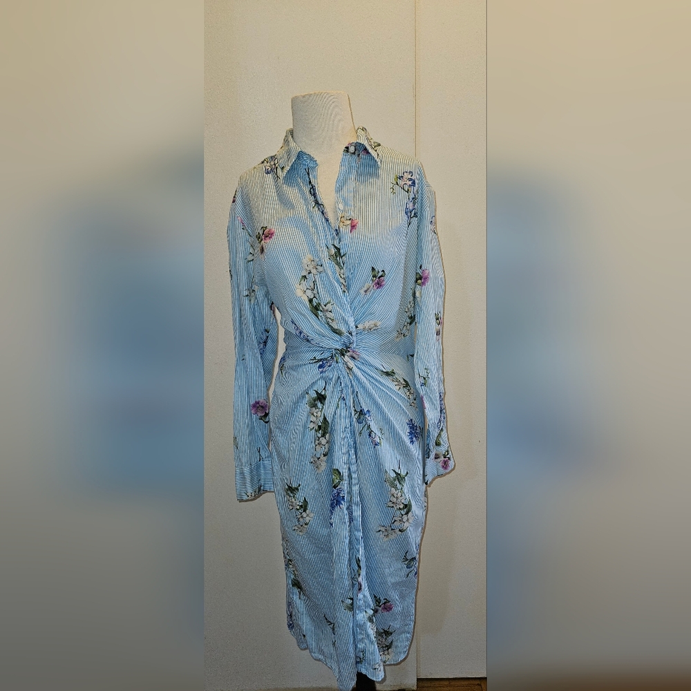 Zara Front Twist Floral Striped Shirt Dress
